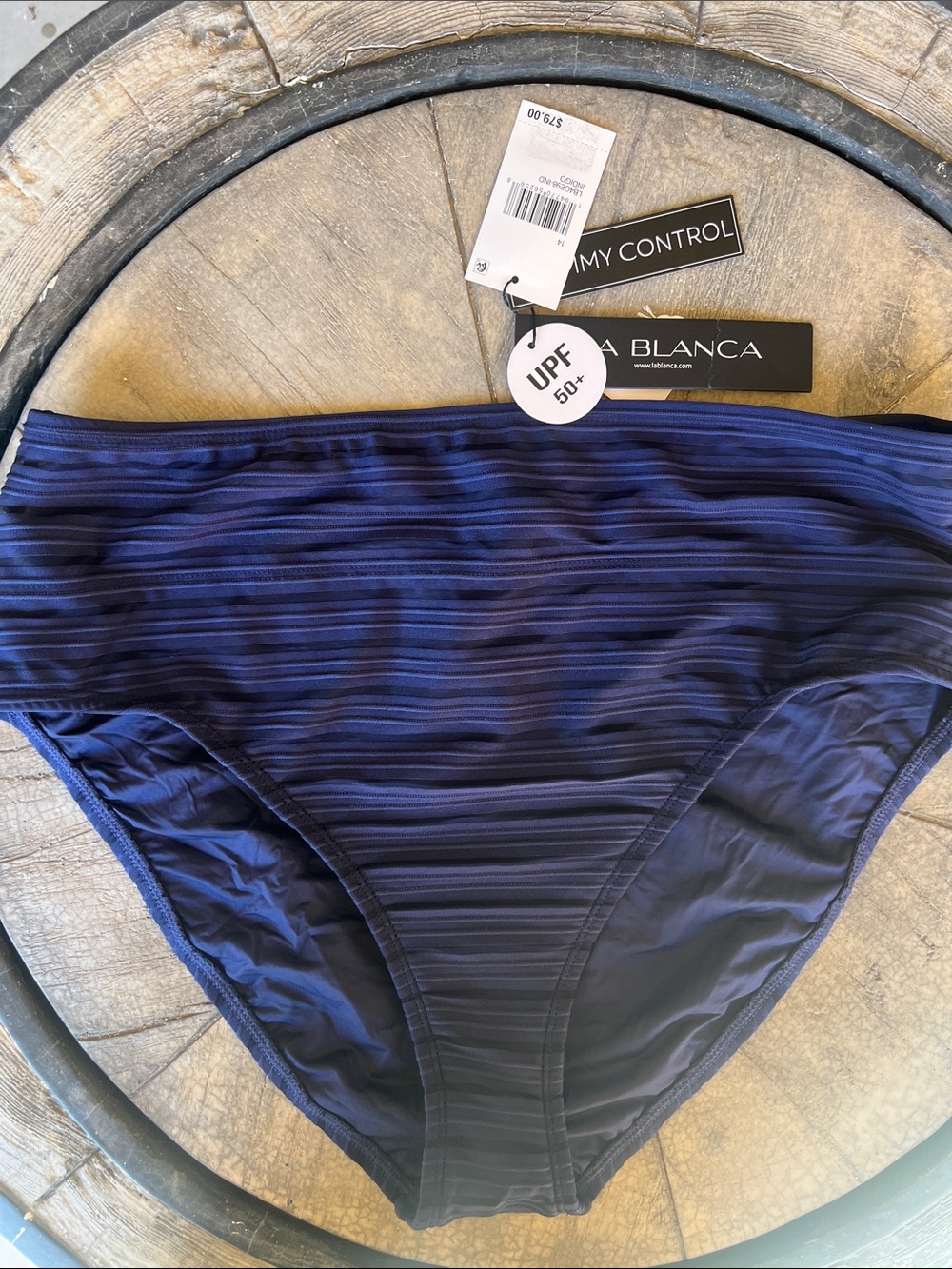 La Blanca Navy Textured High-Waist Bikini Bottom tummy control. B25